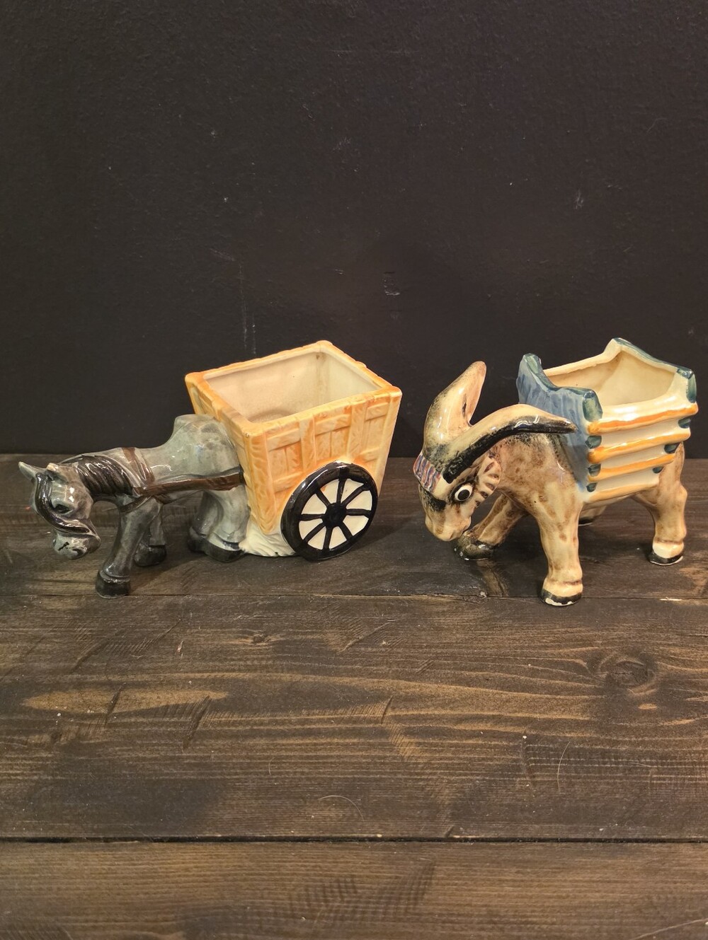 Vintage Mid Century Ceramic Donkey & Goat Cart Planters Pair Japan MCM Kitsch